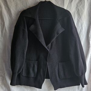 Black Mixed Media Knit Blazer Cardigan Open Front Plus Size